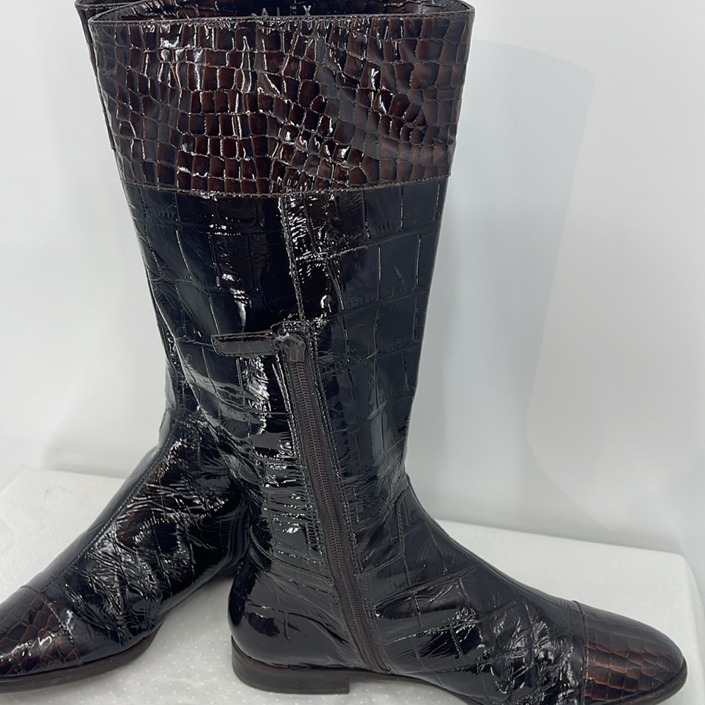 Alex Marie WOMENS SIZE 9 Black BOOT BROWN TOE SHINY FAUX CROCODILE, PATTEN - Picture 4 of 10